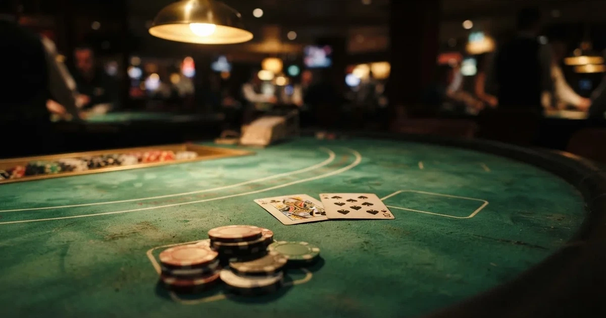 A close-up of a green felt gaming table with cards and chips mid-hand.