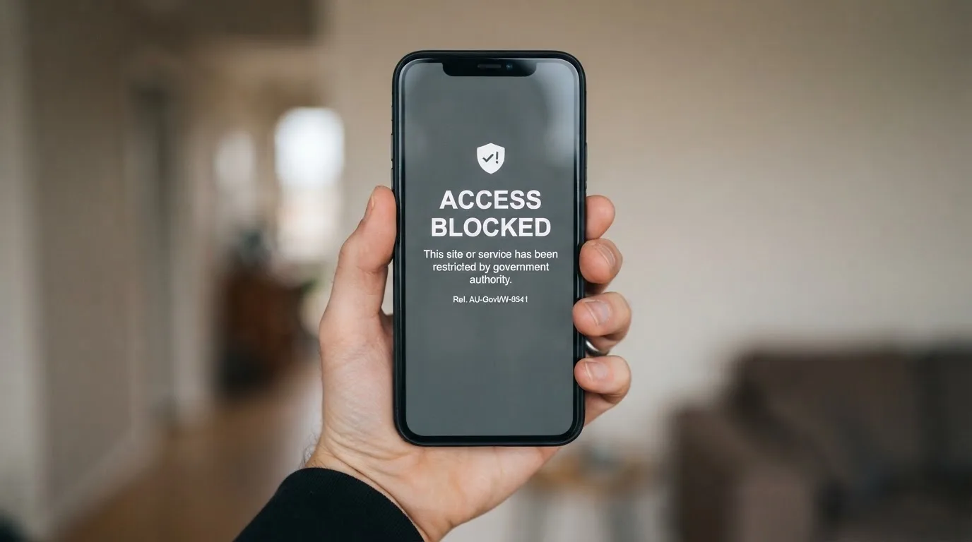 A smartphone screen showing a plain government warning notice about a blocked website, held against a blurred background.