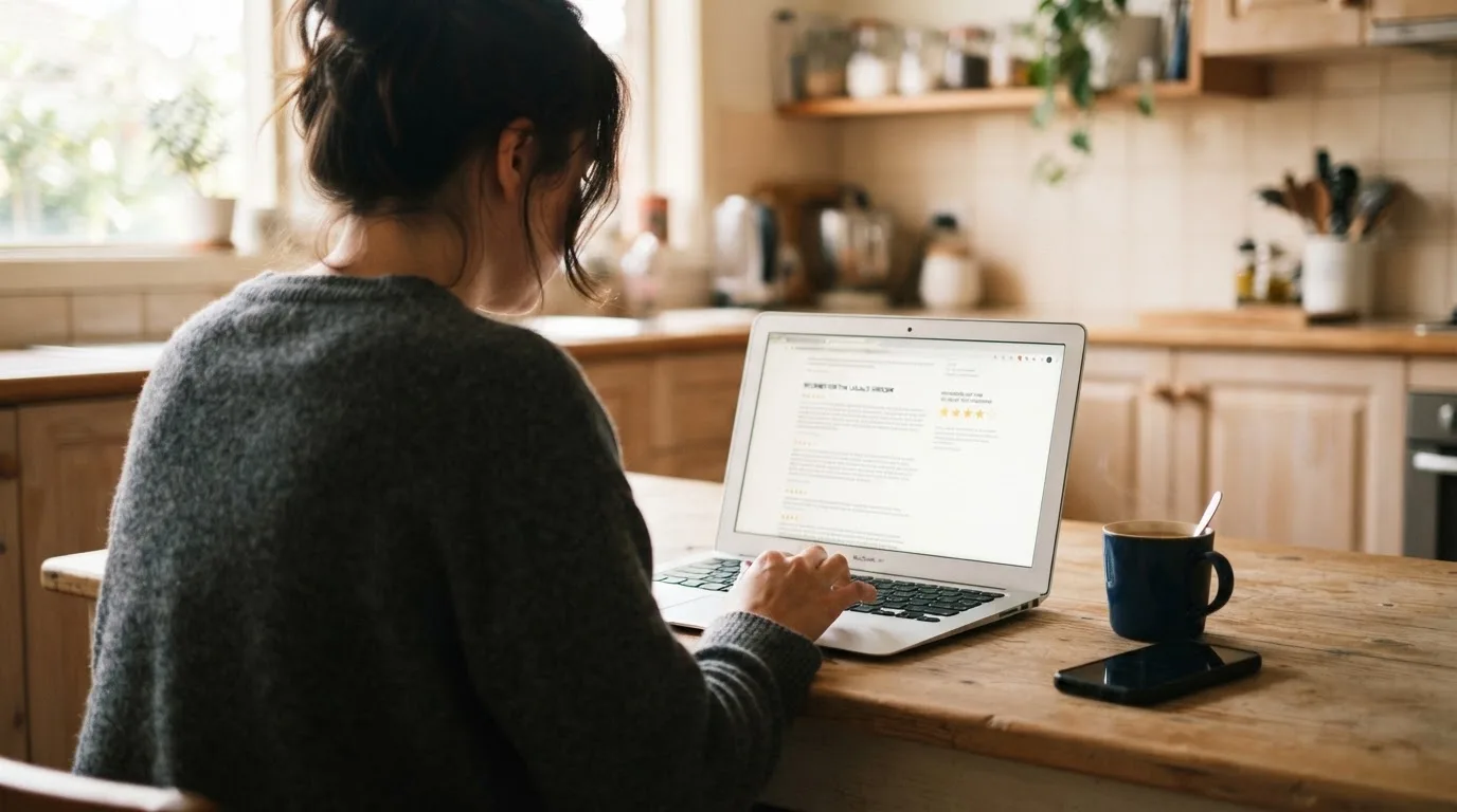 A person at a kitchen table scrolling through review pages on a laptop, phone face-down beside them.