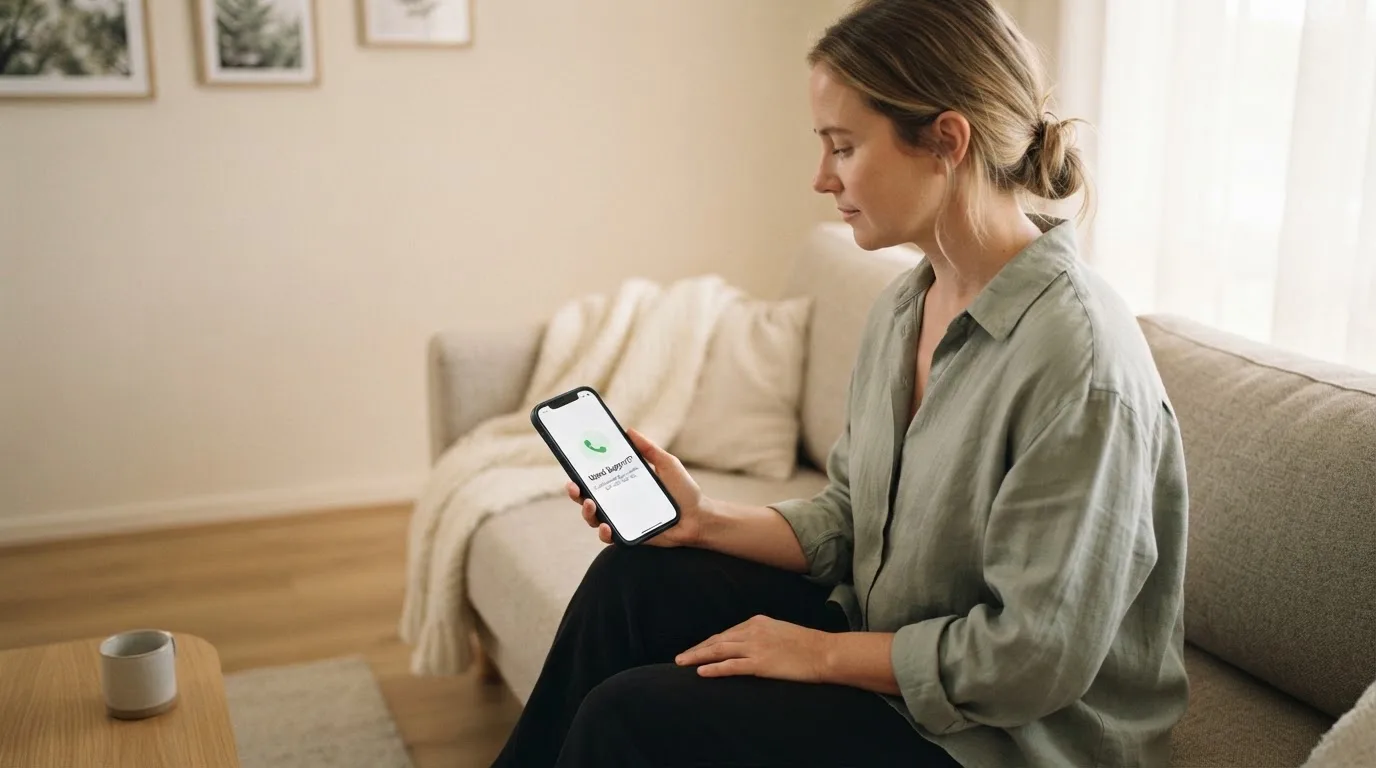 A person sitting calmly with a phone open to a support helpline page, no gaming screen visible.