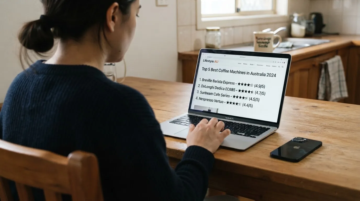 A person at a kitchen table scrolling through review pages on a laptop, phone face-down beside them.