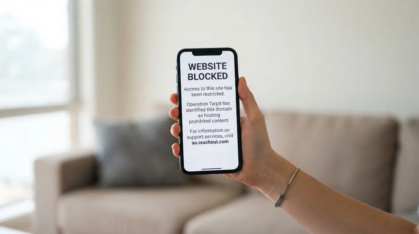 A smartphone screen showing a plain government warning notice about a blocked website, held against a blurred background.