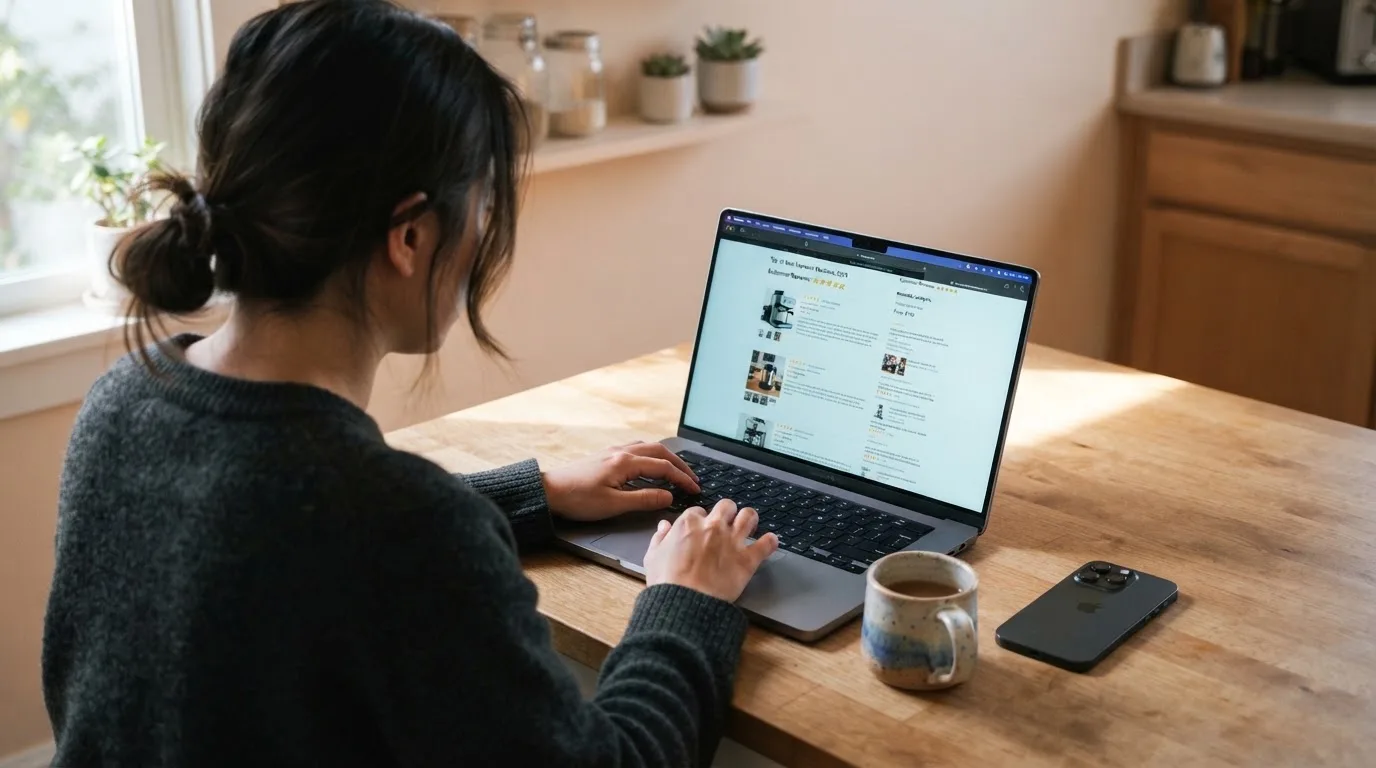 A person at a kitchen table scrolling through review pages on a laptop, phone face-down beside them.