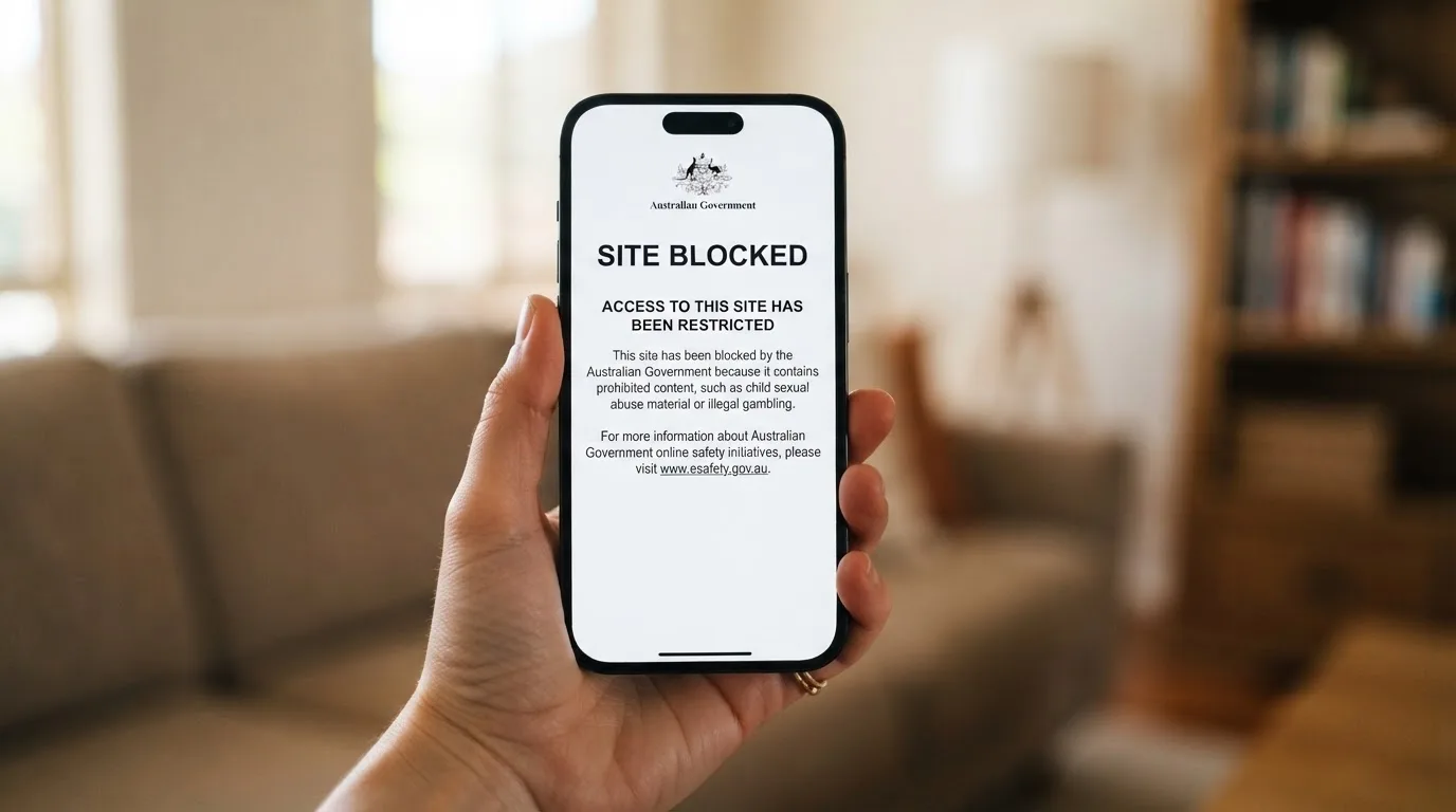 A smartphone screen showing a plain government warning notice about a blocked website, held against a blurred background.
