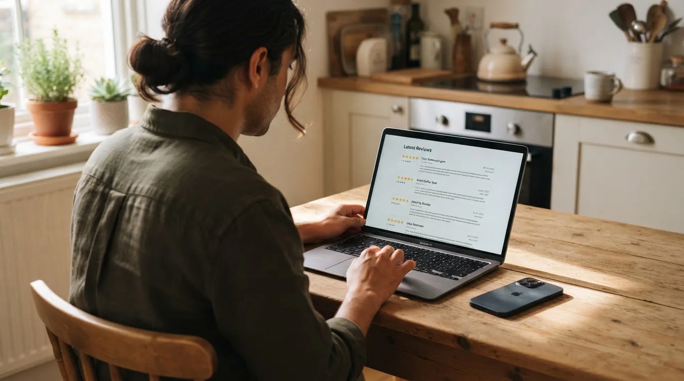 A person at a kitchen table scrolling through review pages on a laptop, phone face-down beside them.