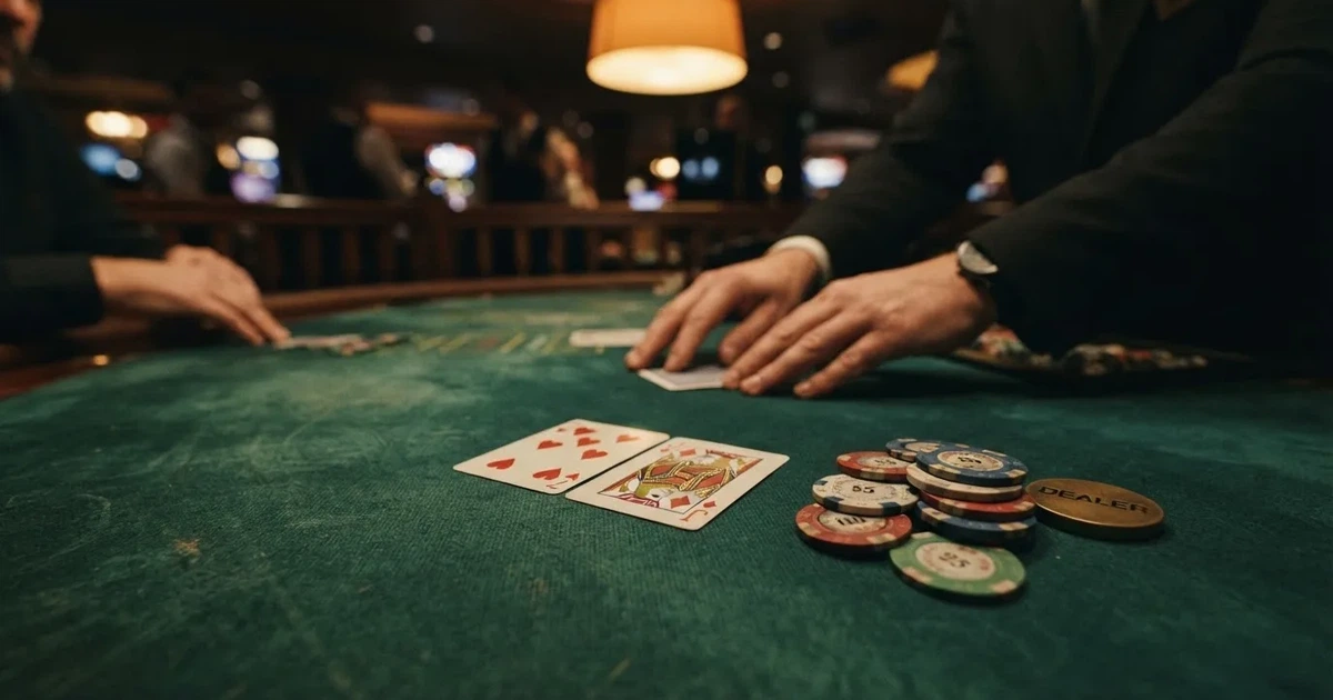 A close-up of a green felt gaming table with cards and chips mid-hand.