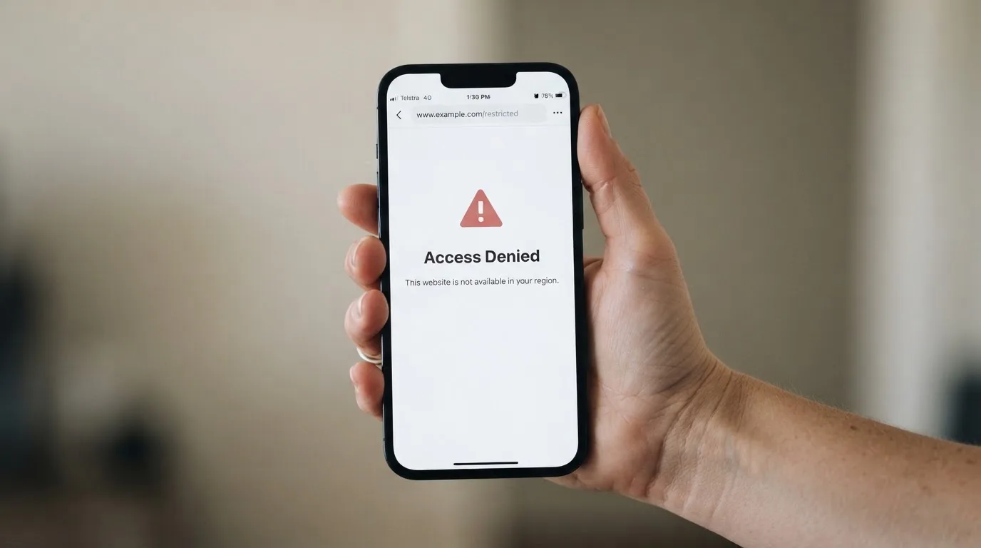 A smartphone screen showing a plain government warning notice about a blocked website, held against a blurred background.