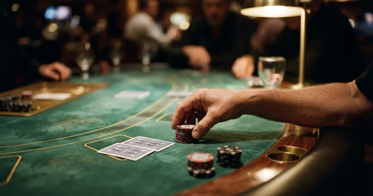 A close-up of a green felt gaming table with cards and chips mid-hand.