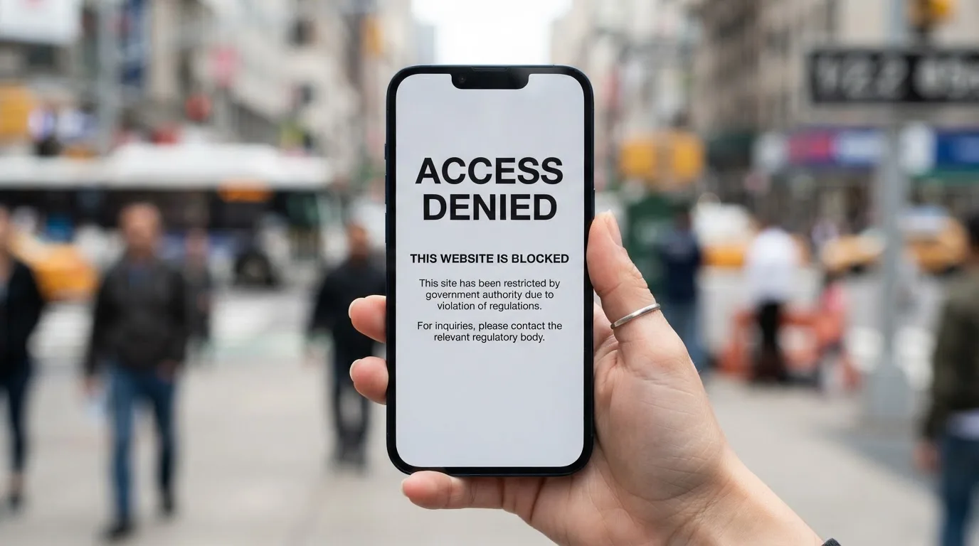 A smartphone screen showing a plain government warning notice about a blocked website, held against a blurred background.