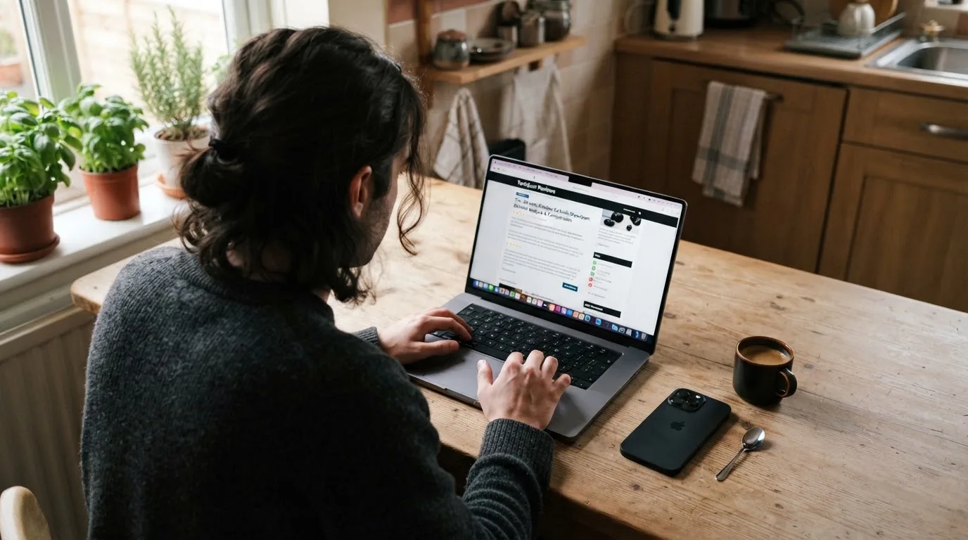A person at a kitchen table scrolling through review pages on a laptop, phone face-down beside them.
