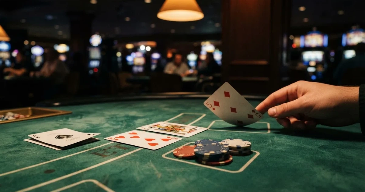 A close-up of a green felt gaming table with cards and chips mid-hand.