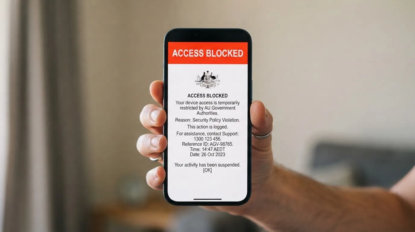 A smartphone screen showing a plain government warning notice about a blocked website, held against a blurred background.