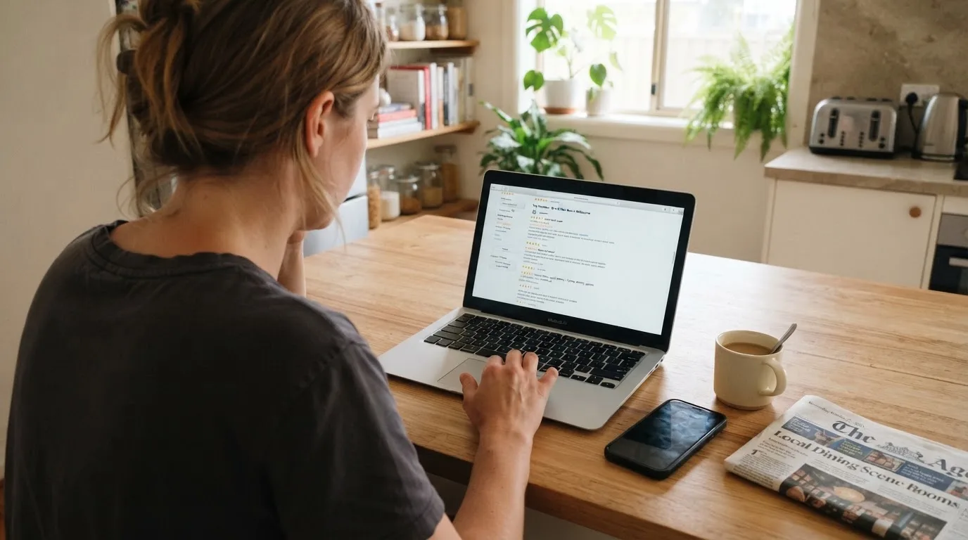 A person at a kitchen table scrolling through review pages on a laptop, phone face-down beside them.