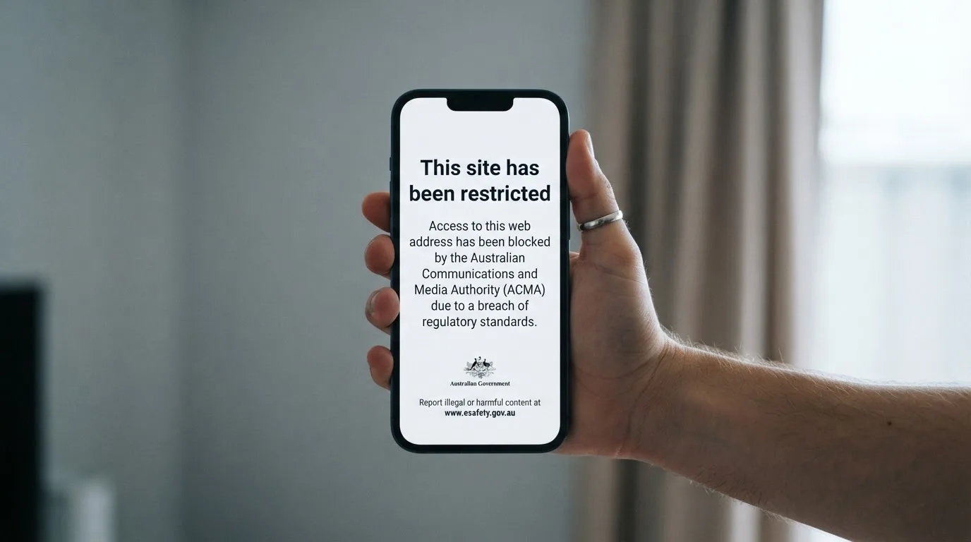 A smartphone screen showing a plain government warning notice about a blocked website, held against a blurred background.