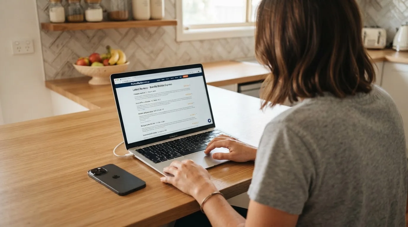 A person at a kitchen table scrolling through review pages on a laptop, phone face-down beside them.
