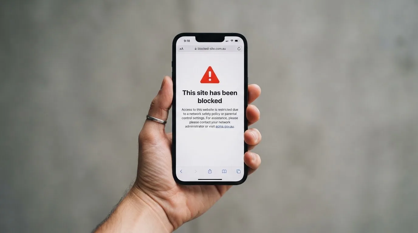 A smartphone screen showing a plain government warning notice about a blocked website, held against a blurred background.