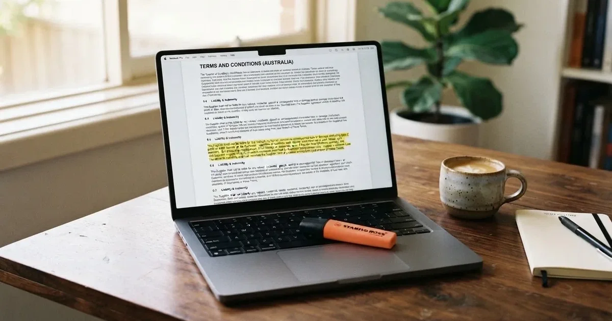 A laptop screen showing a page of terms and conditions text with a highlighter resting nearby.