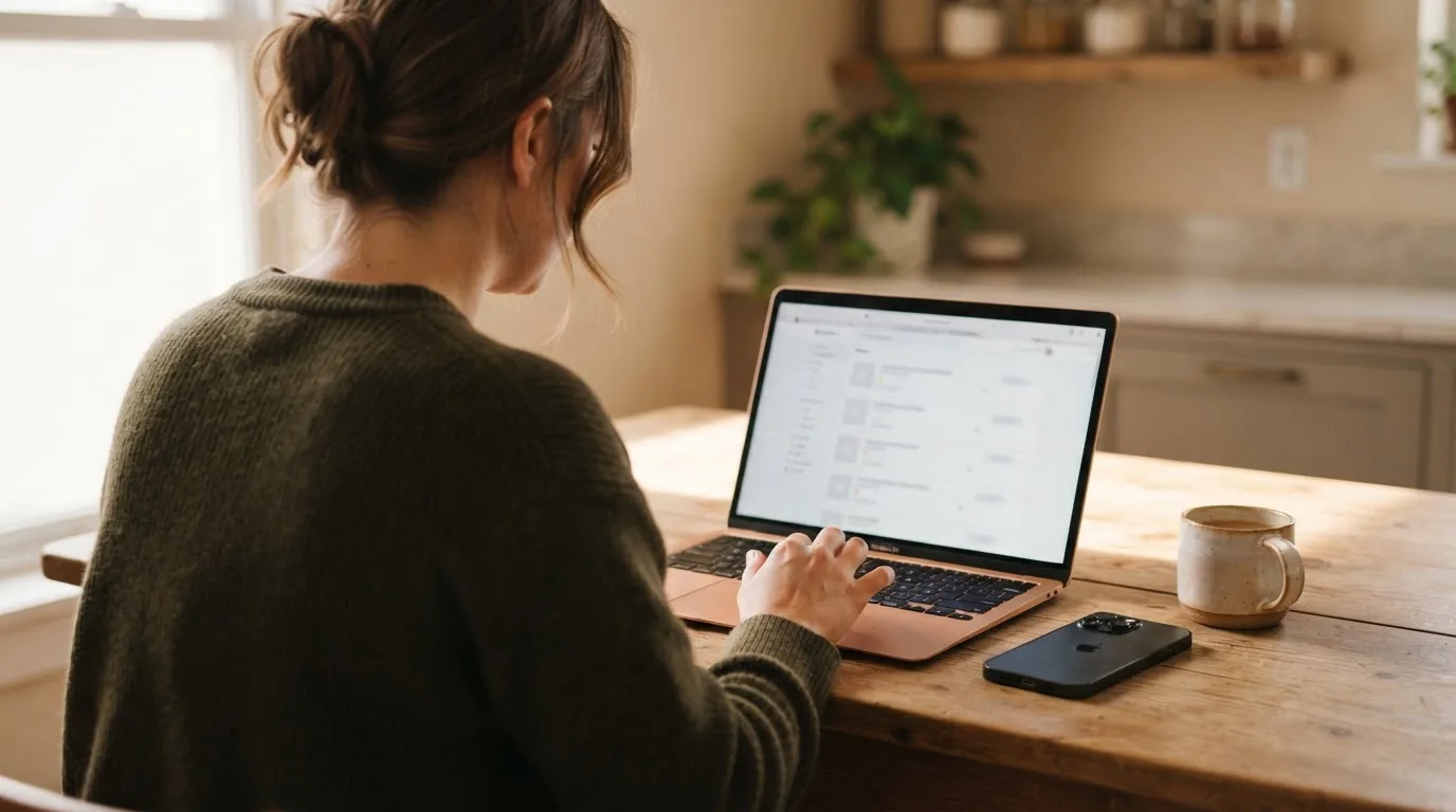 A person at a kitchen table scrolling through review pages on a laptop, phone face-down beside them.