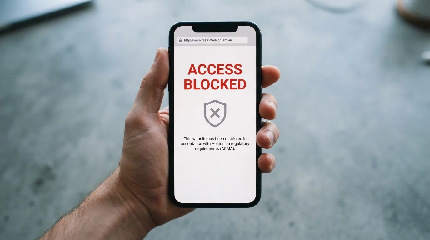 A smartphone screen showing a plain government warning notice about a blocked website, held against a blurred background.