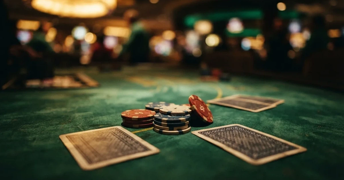 A close-up of a green felt gaming table with cards and chips mid-hand.