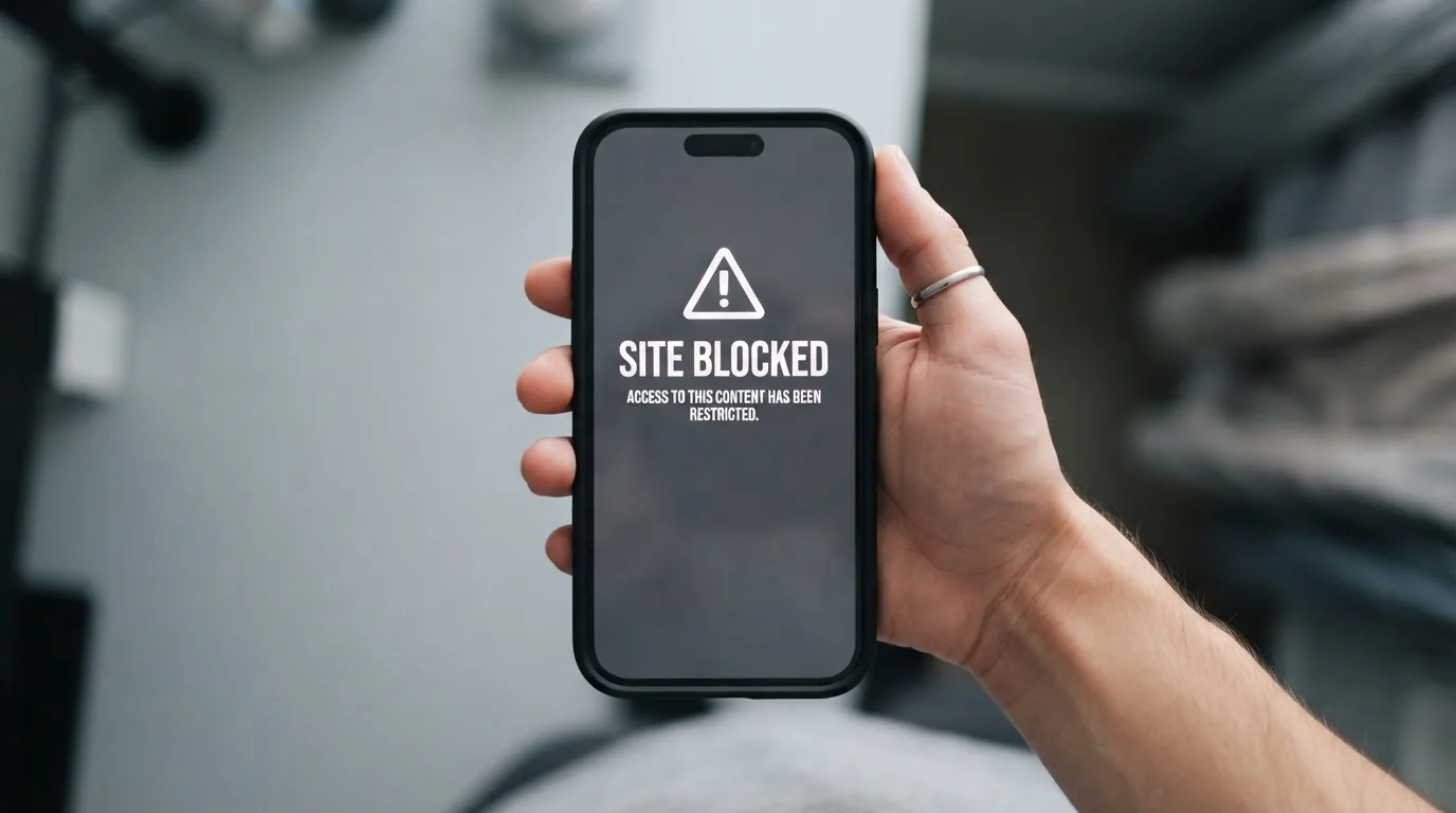 A smartphone screen showing a plain government warning notice about a blocked website, held against a blurred background.