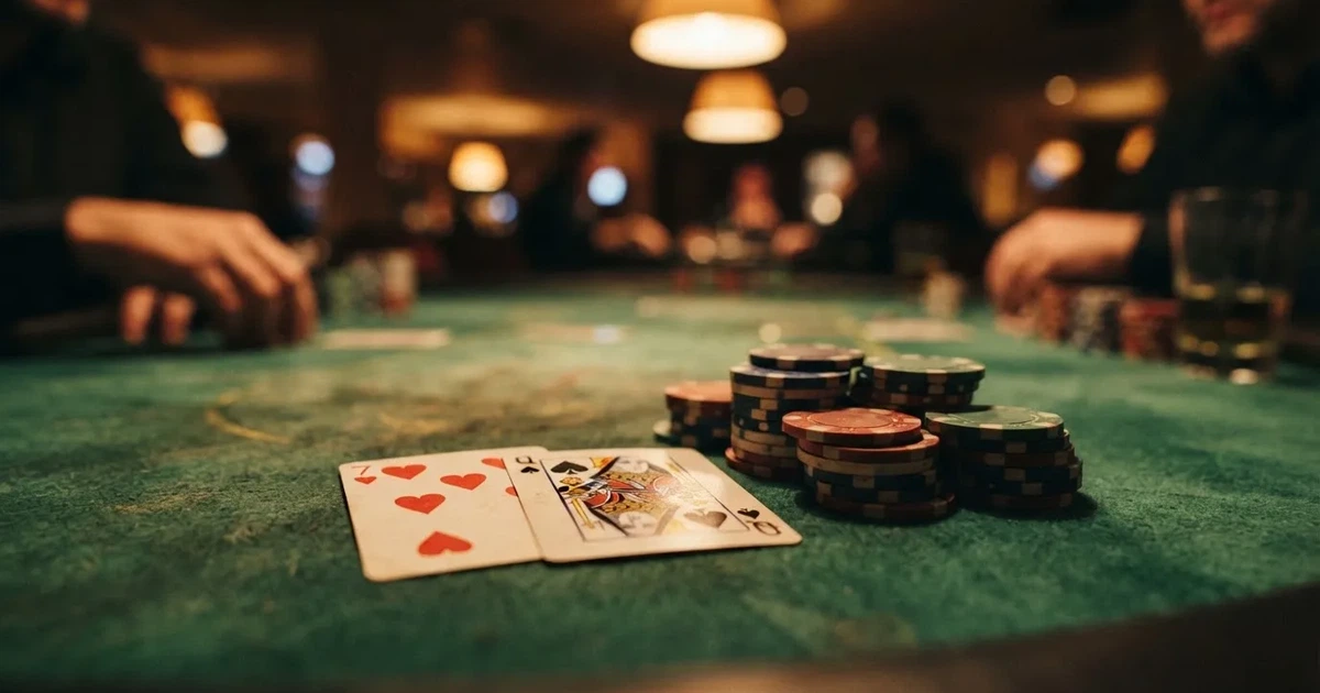 A close-up of a green felt gaming table with cards and chips mid-hand.