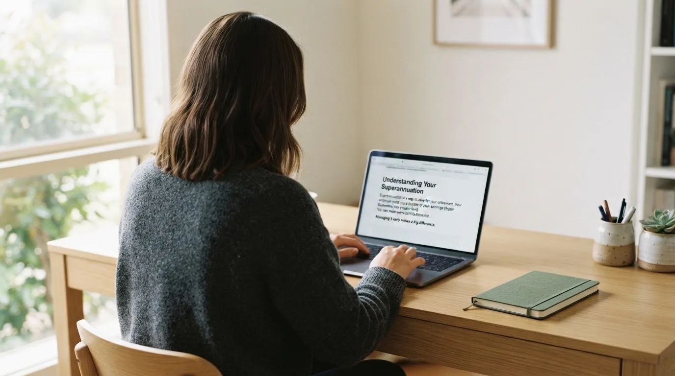 A person at a laptop reading a plain-language explainer article at a home desk.