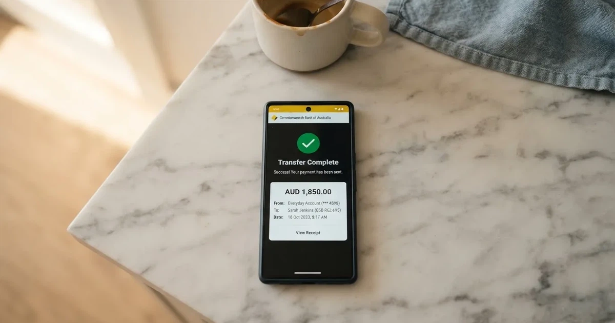 A close-up of a banking app on a smartphone showing a same-day transfer confirmation on a kitchen table.