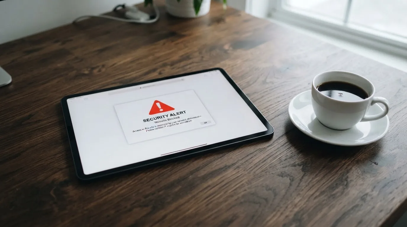 A tablet screen displaying an official regulator warning notice on a desk beside a coffee cup.