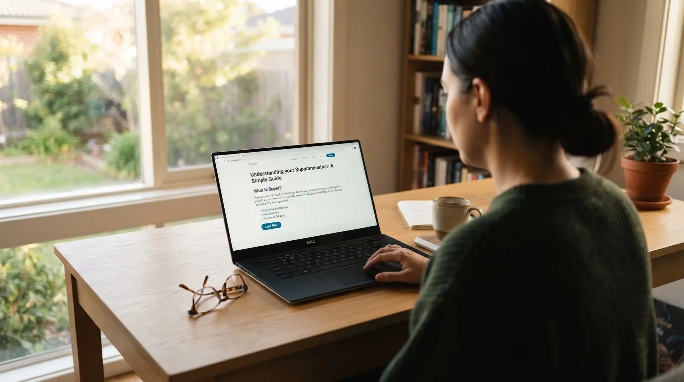 A person at a laptop reading a plain-language explainer article at a home desk.