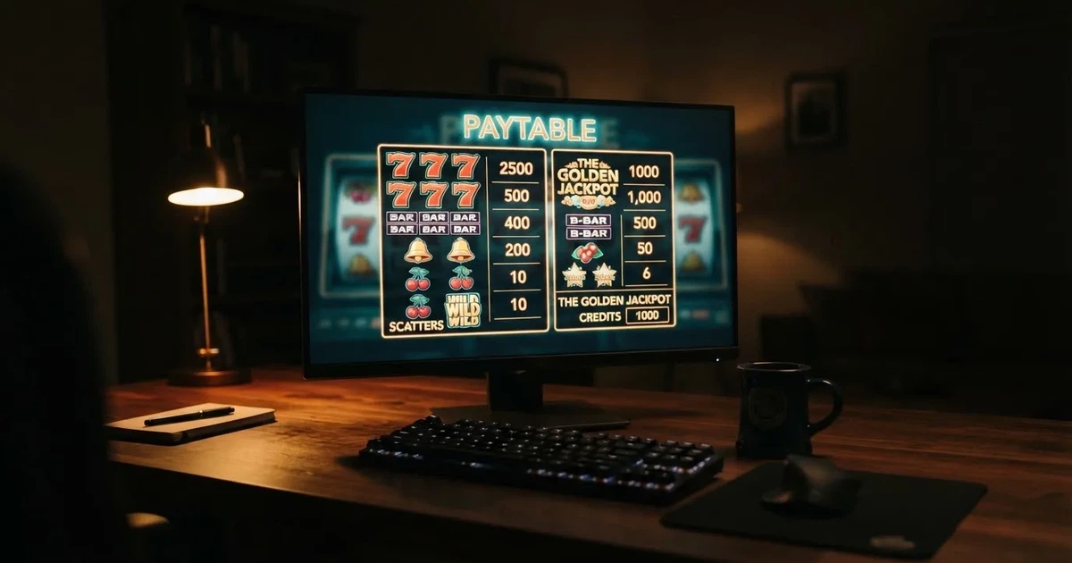 A slot machine's paytable screen glowing on a monitor in a dim room.