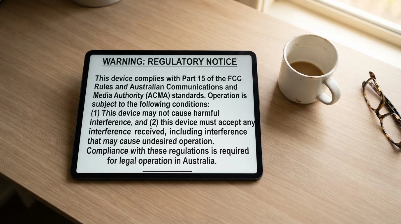 A tablet screen displaying an official regulator warning notice on a desk beside a coffee cup.