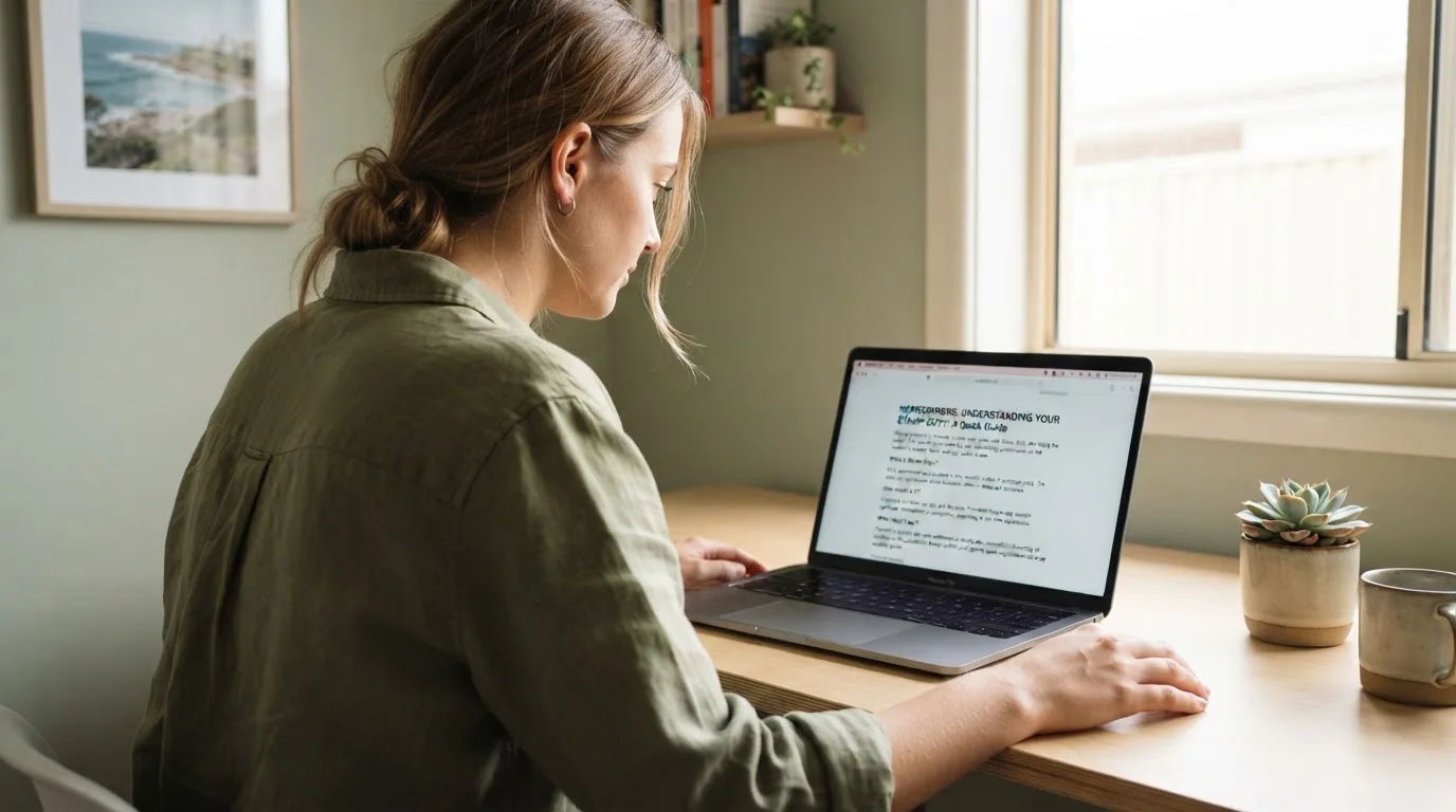 A person at a laptop reading a plain-language explainer article at a home desk.