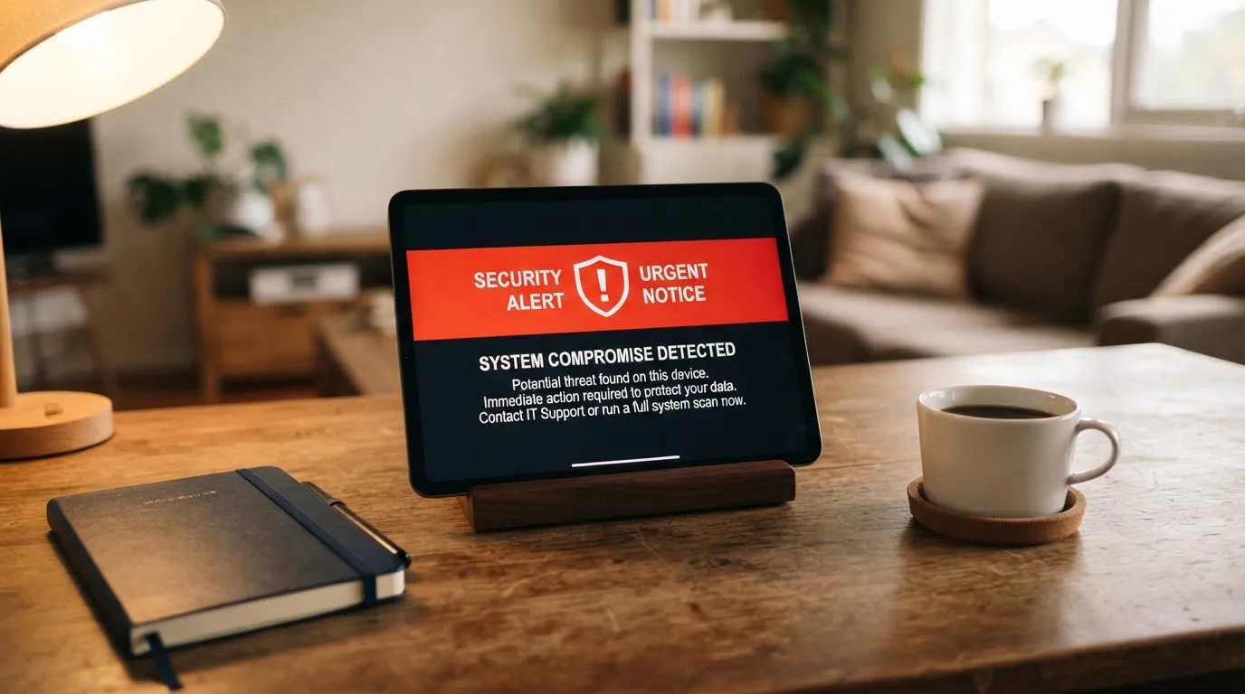 A tablet screen displaying an official regulator warning notice on a desk beside a coffee cup.