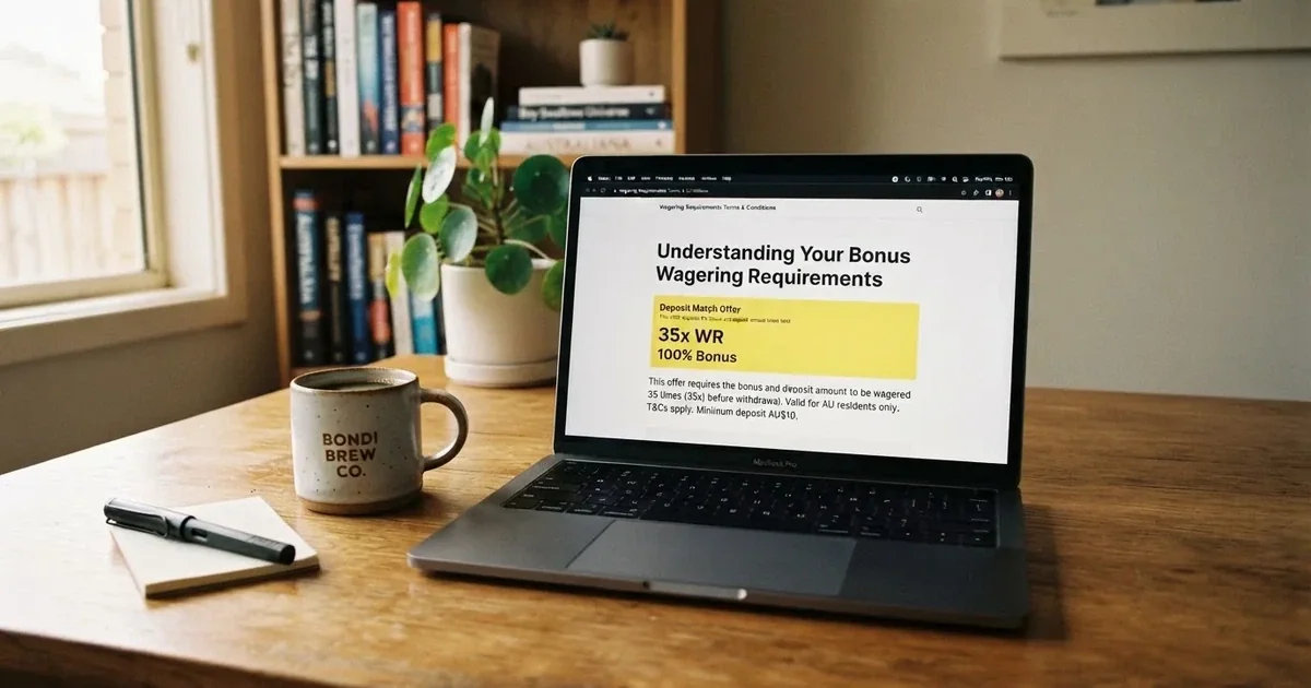 A laptop screen showing a terms-and-conditions page with wagering requirements highlighted.