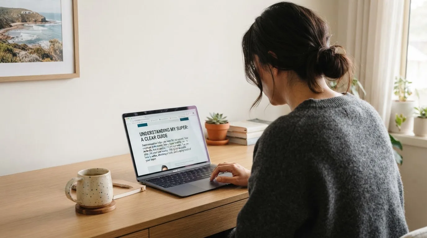 A person at a laptop reading a plain-language explainer article at a home desk.