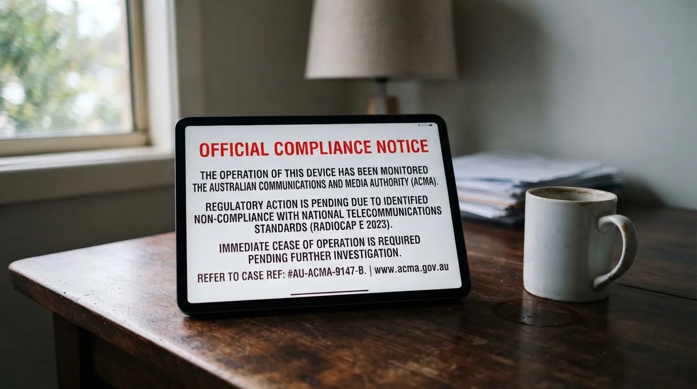 A tablet screen displaying an official regulator warning notice on a desk beside a coffee cup.