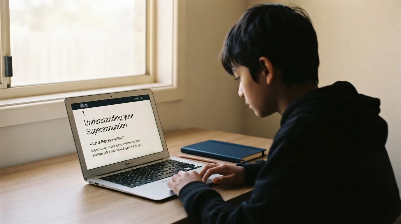 A person at a laptop reading a plain-language explainer article at a home desk.
