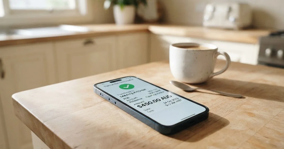 A close-up of a banking app on a smartphone showing a same-day transfer confirmation on a kitchen table.