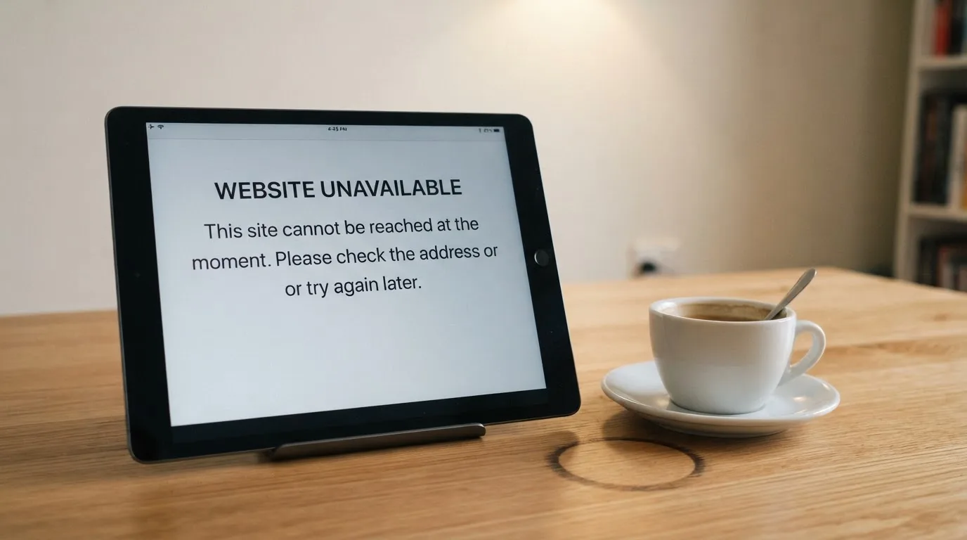A tablet screen displaying an official regulator warning notice on a desk beside a coffee cup.