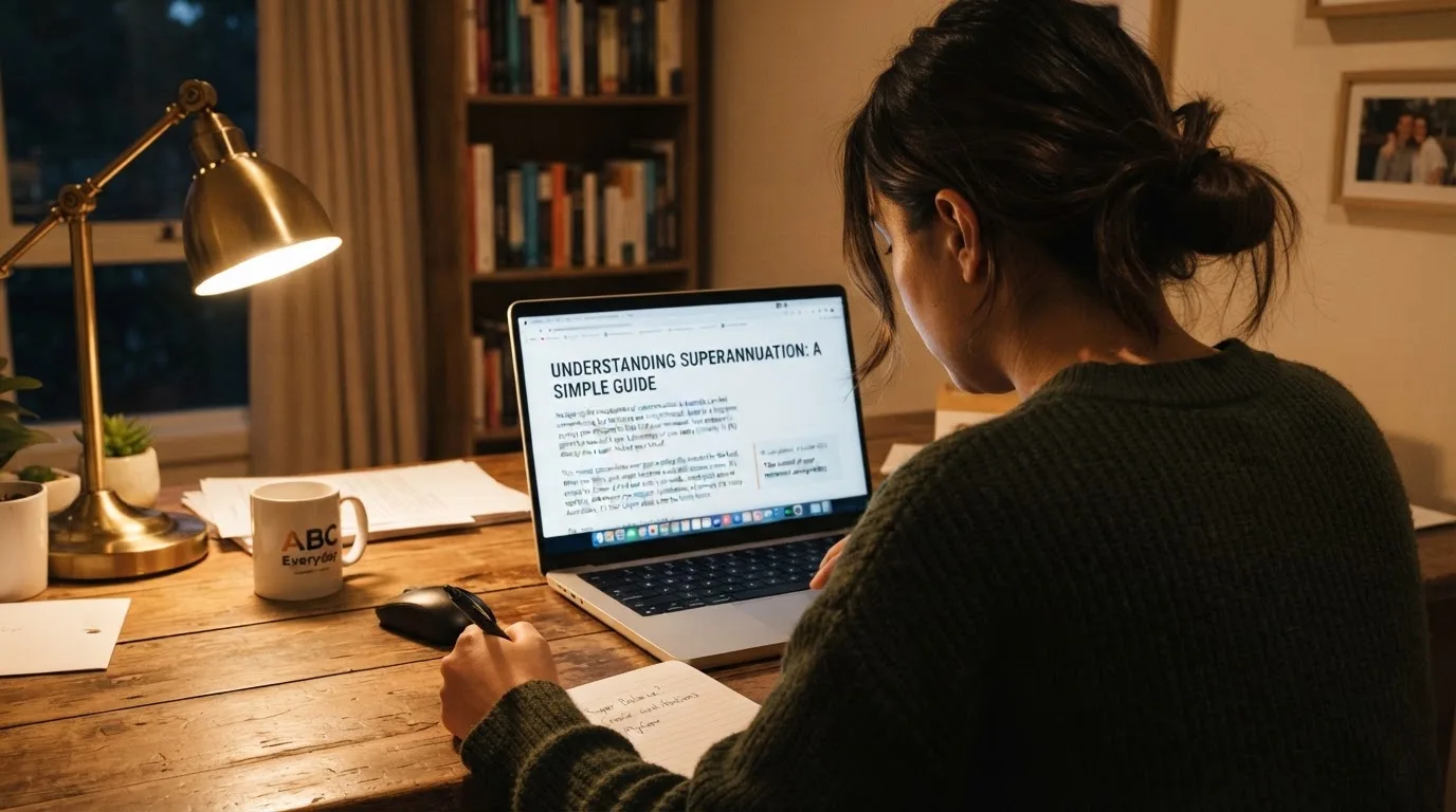 A person at a laptop reading a plain-language explainer article at a home desk.