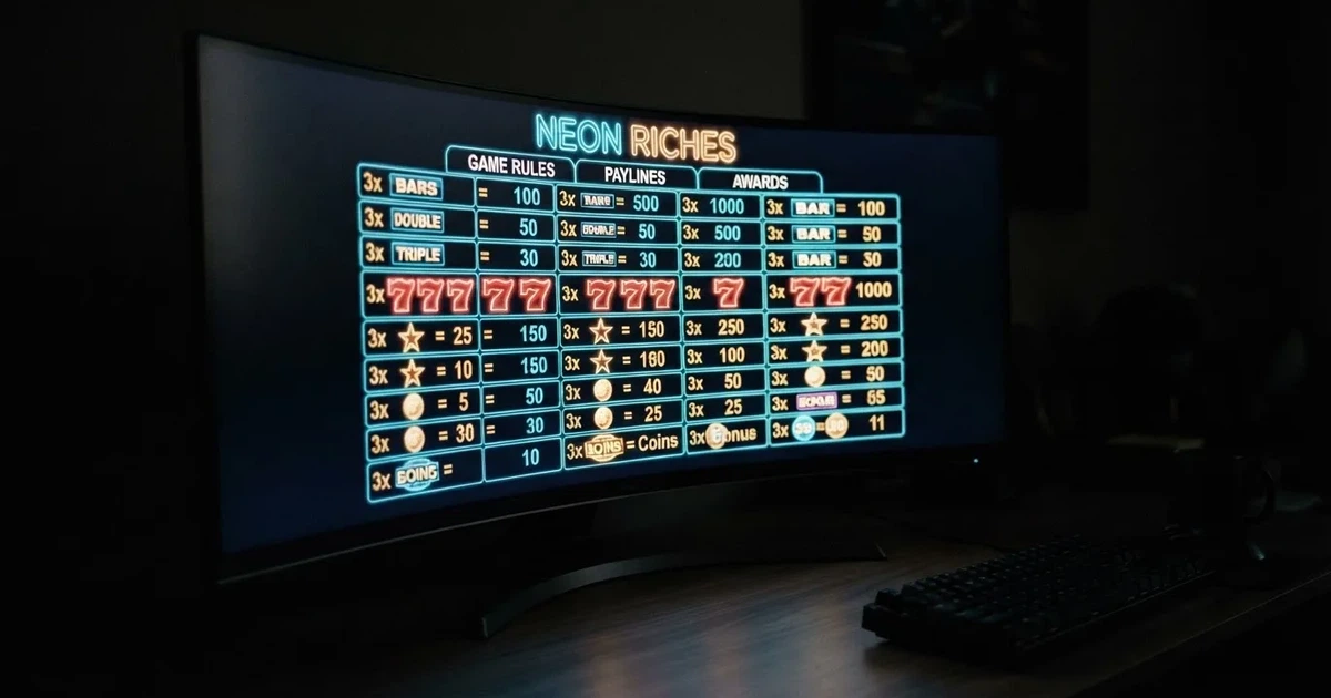 A slot machine's paytable screen glowing on a monitor in a dim room.