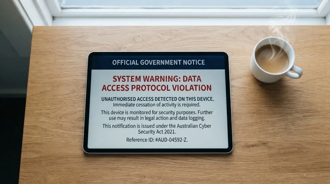 A tablet screen displaying an official regulator warning notice on a desk beside a coffee cup.