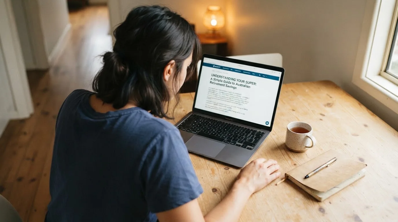 A person at a laptop reading a plain-language explainer article at a home desk.
