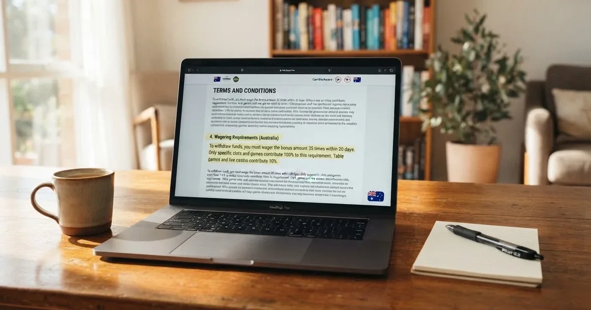 A laptop screen showing a terms-and-conditions page with wagering requirements highlighted.
