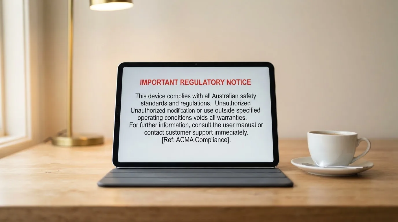 A tablet screen displaying an official regulator warning notice on a desk beside a coffee cup.