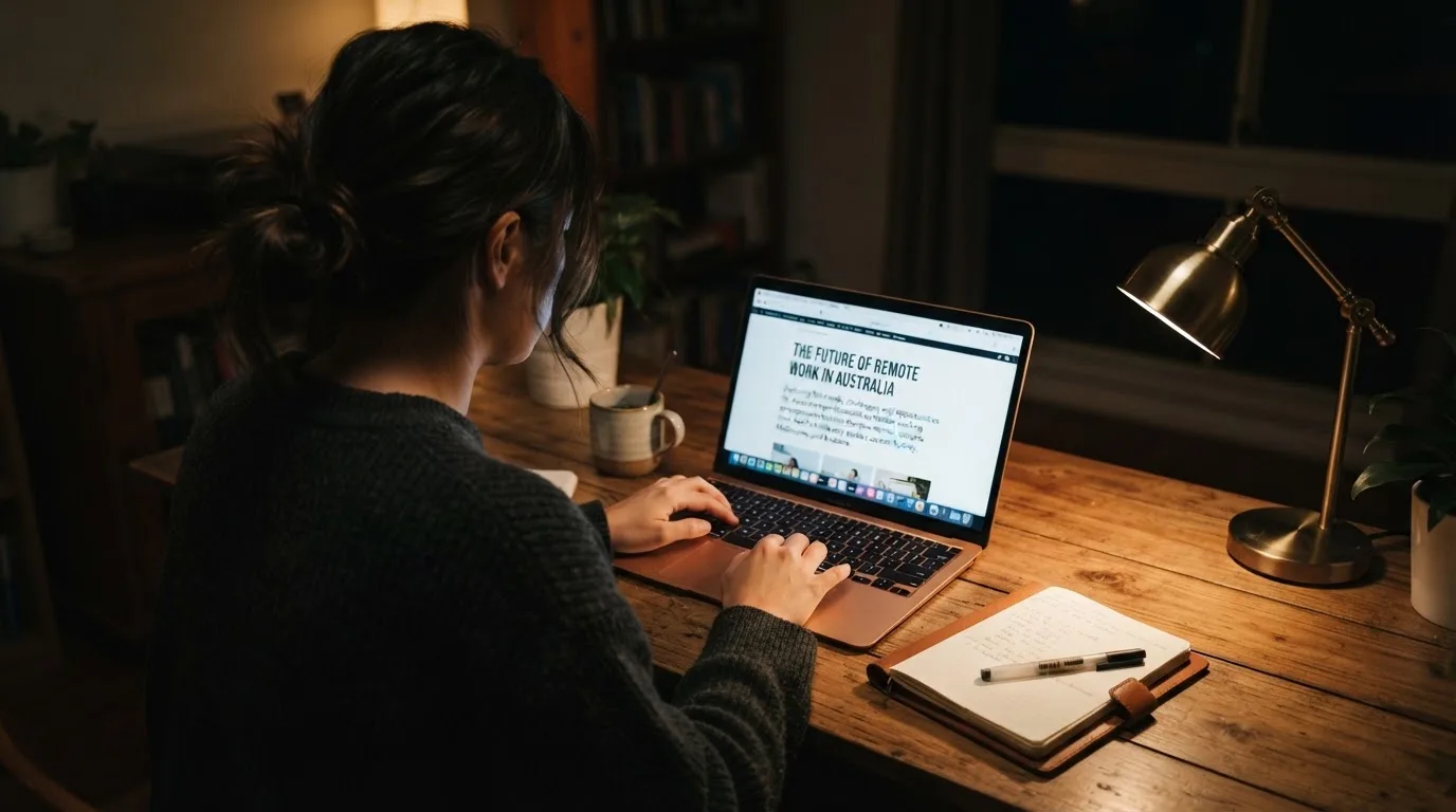 A person at a laptop reading a plain-language explainer article at a home desk.
