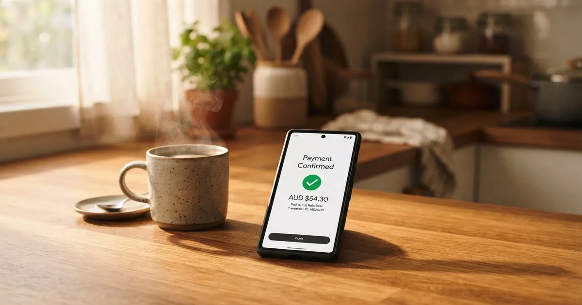 A close-up of a banking app on a smartphone showing a same-day transfer confirmation on a kitchen table.