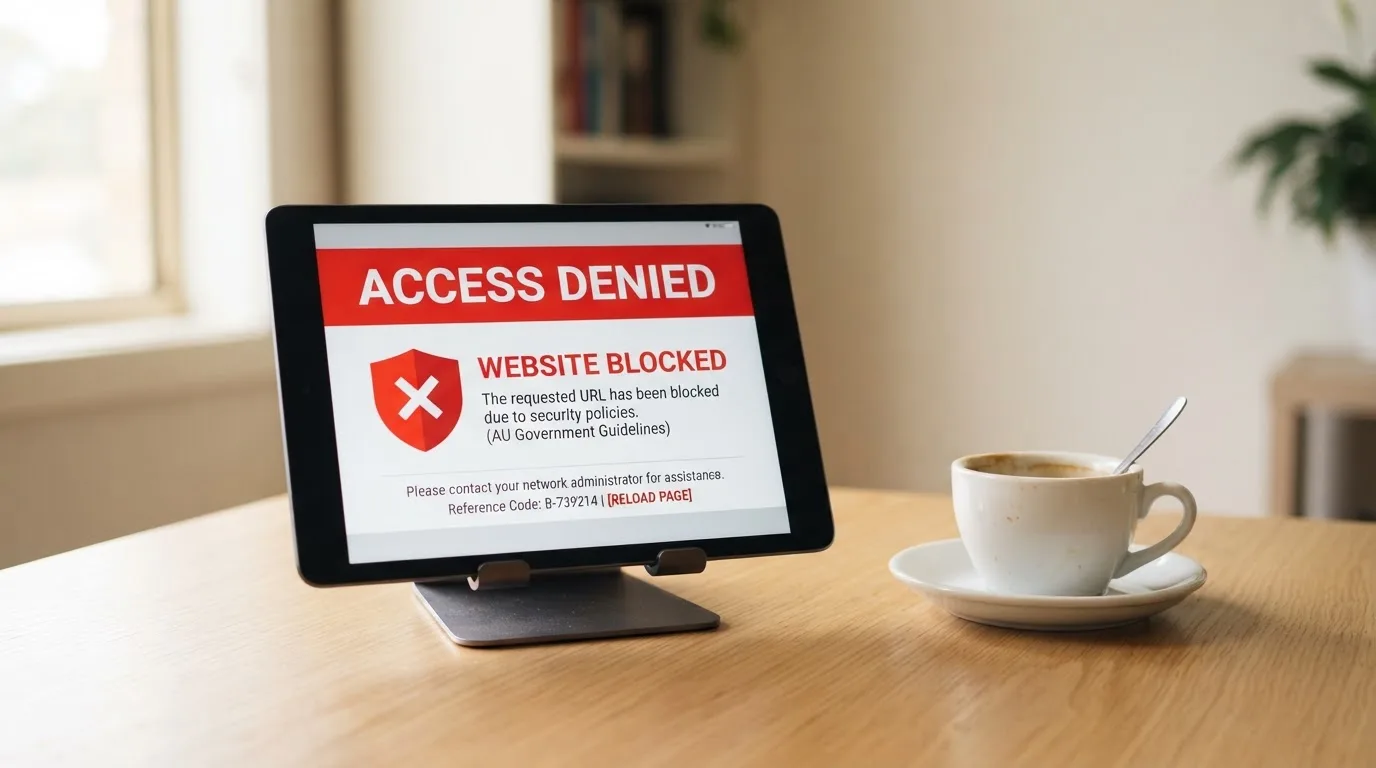 A tablet screen displaying an official regulator warning notice on a desk beside a coffee cup.