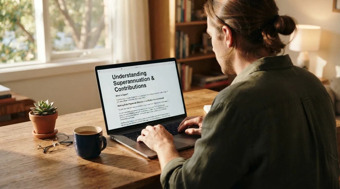 A person at a laptop reading a plain-language explainer article at a home desk.